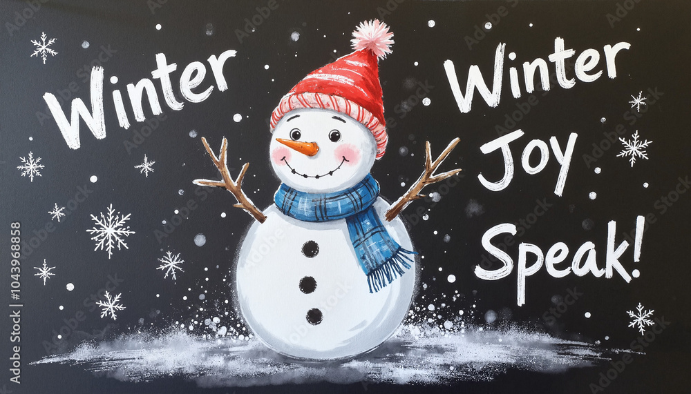 Joyful snowman in a red hat and scarf with the text Joyful snowman in a red hat and scarf with the text