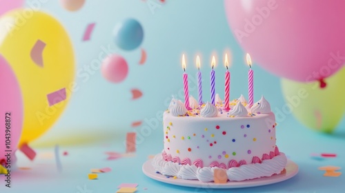 A white birthday cake with pink frosting and sprinkles, lit by five candles, surrounded by colorful balloons and confetti on a light blue background.