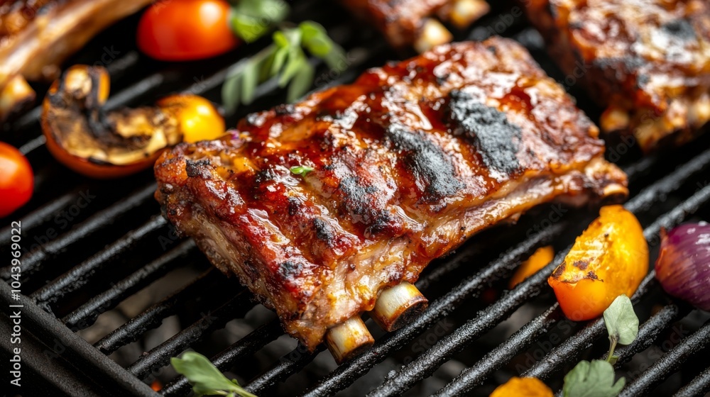 Grilled Ribs with Colorful Vegetables on Barbecue Grilled Ribs with Colorful Vegetables on Barbecue