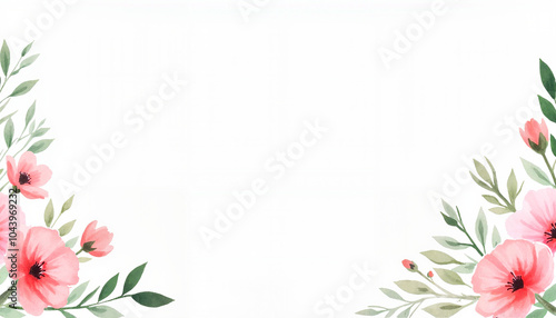 Soft watercolor floral border with pink flowers and green leaves on a blank white background