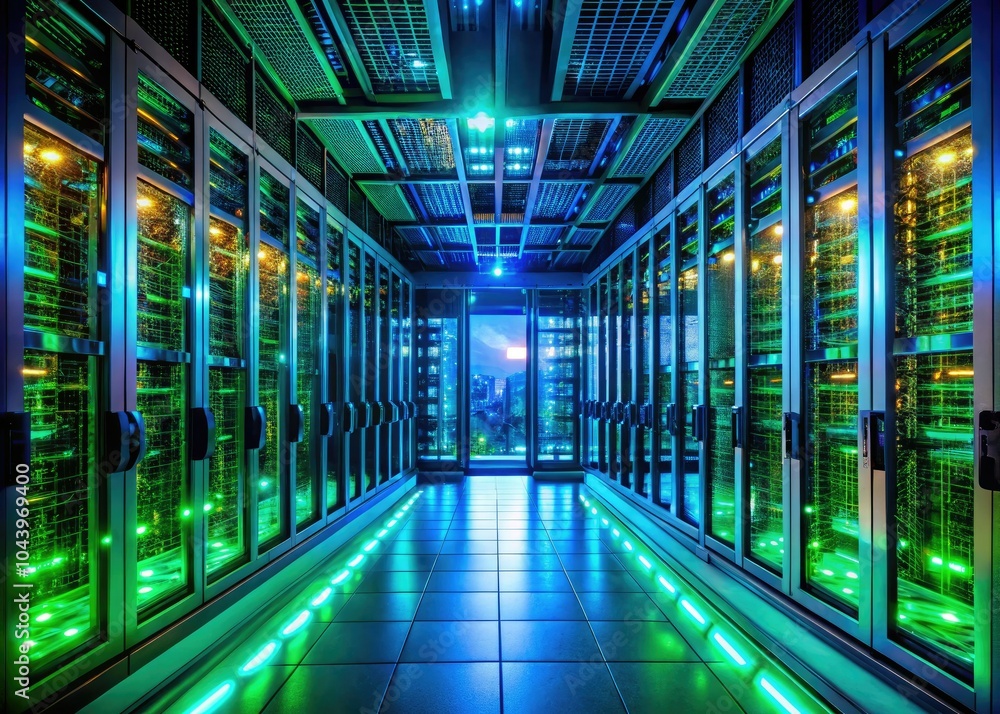 Fototapeta premium Low Light Cloud Computing Server Room with Glowing Rack Servers and Cables for Technology and Data Storage Imagery
