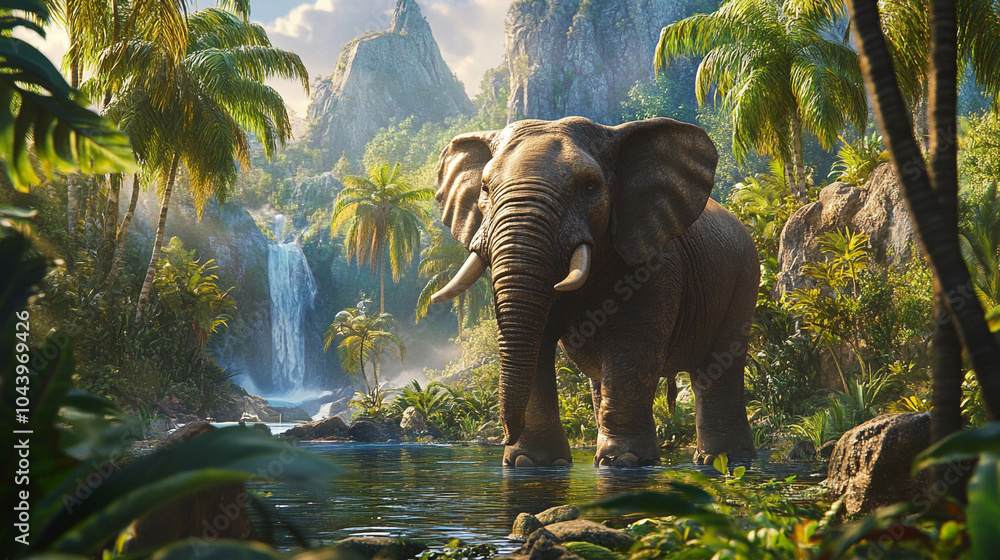 Fototapeta premium Exotic landscape illustration with fauna highlights