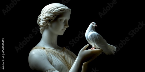 A serene statue of a woman holding a white dove gently in her hands. The image showcases classical art with a modern touch. Perfect for themes of peace, love, and nature. AI photo