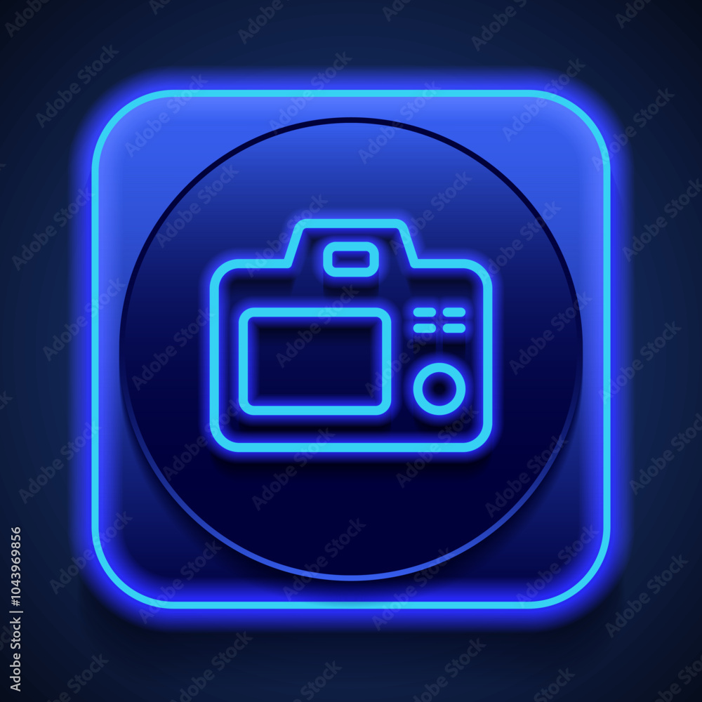 Camera simple icon vector. Flat design. Blue neon style on button. With shadow Camera simple icon vector. Flat design. Blue neon style on button. With shadow