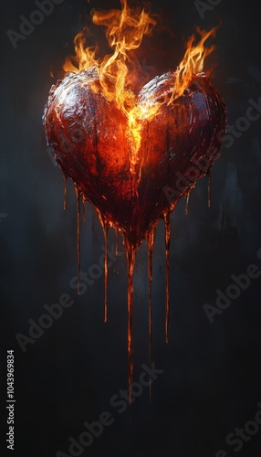 Burning Heart On Fire, Broken Heart With Flames, Concept Of Heartbreak, Lost Love, Passion photo