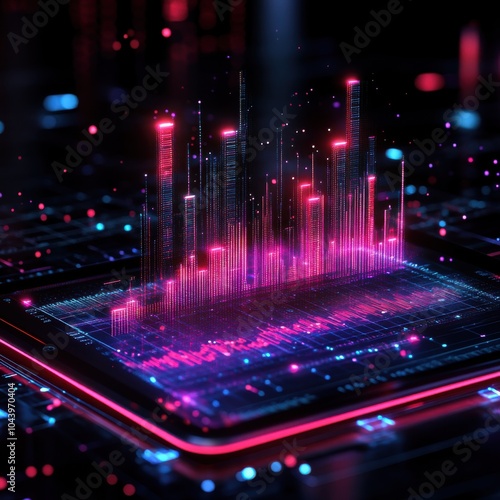 Futuristic digital visualization of sound waves in vibrant pink and blue colors over a circuit board.