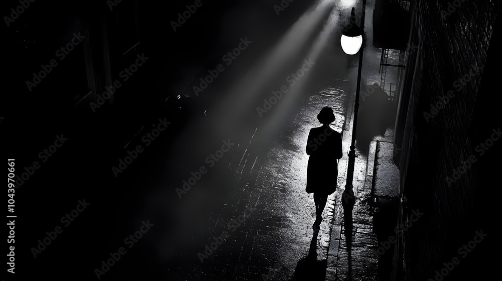 Solitary figure silhouetted on a dimly lit city street at night