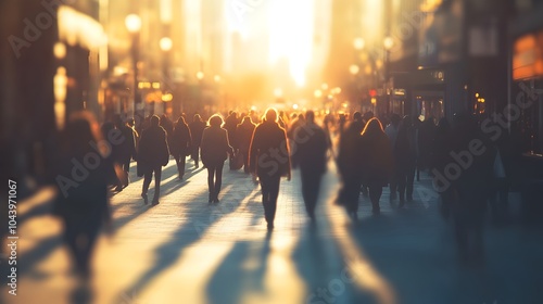 Bustling City Street with Crowds of Pedestrians During Rush Hour