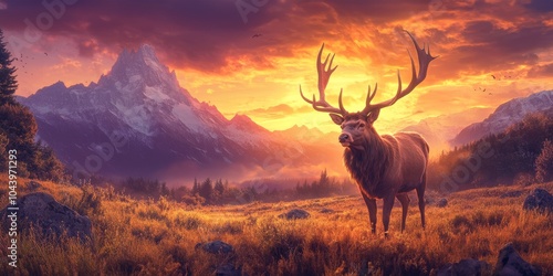 Majestic Deer in Golden Hour, Standing in a Scenic Mountain Landscape with a Fiery Sunset