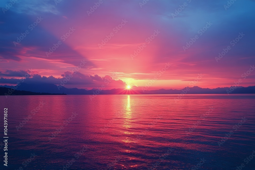 Naklejka premium A breathtaking sunset over calm waters creates a vibrant purple and pink sky in the evening