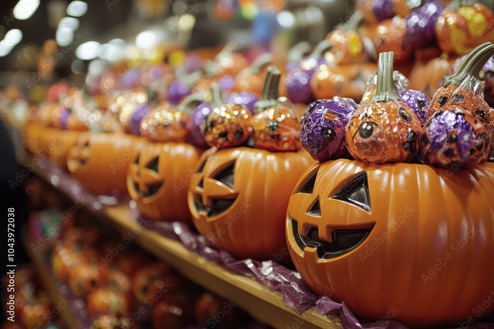 Fototapeta premium Halloween Chocolate: Assorted Candy in Decorative Pumpkins by Mars & Hershey, October 31 Holiday Treat