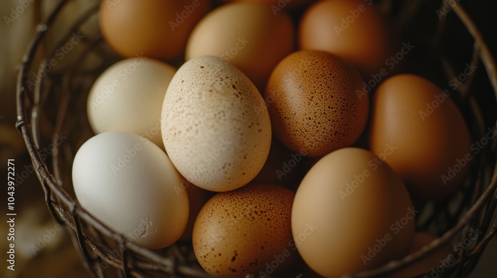 Brown and white eggs lying in a rustic wire basket, with their natural imperfections highlighted. Brown and white eggs lying in a rustic wire basket, with their natural imperfections highlighted.