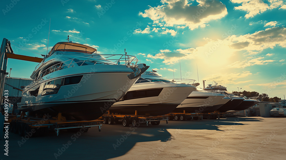 Fototapeta premium A row of boats are parked in a marina, with one of them being a large yacht