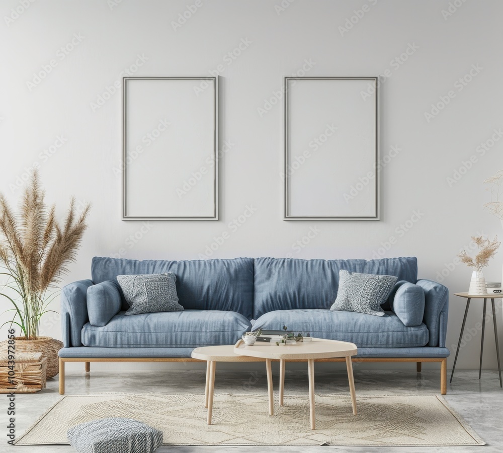Fototapeta premium 青いソファ、木製のコーヒーテーブル、流行のインテリア、そして額縁のモックアップを配置したモダンスタイルのリビングルームインテリア。スタイリッシュなホームデザイン。
