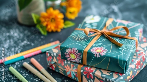 Beautifully Wrapped Teacher's Day Gifts with Flowers and Stationery on Desk photo