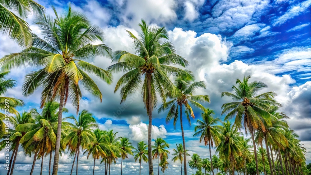 Cloudy blue sky with trees and coconut palms leading lines Cloudy blue sky with trees and coconut palms leading lines
