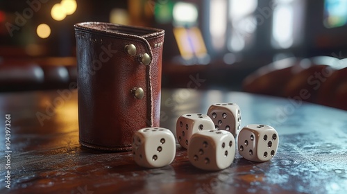 Leather dice cup and dice on the table, rolling all sixes with 5 dice representing gambling and luck photo