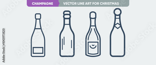 Simple Vector Illustration of a Champagne Bottle Icon Set: Minimal Thin Line Web Icons for Christmas and New Year 