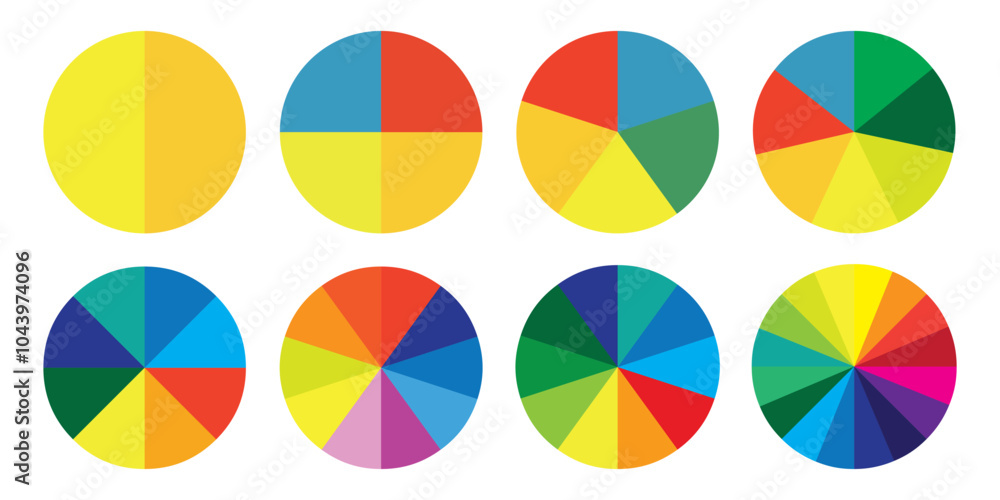 Circle pie chart. 2,3,4,5,6,7,8,9,10,11,12 sections or steps. Flat process cycle. Progress sectors. Circle pie chart. 2,3,4,5,6,7,8,9,10,11,12 sections or steps. Flat process cycle. Progress sectors.