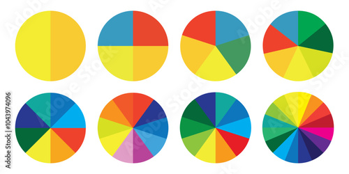 Circle pie chart. 2,3,4,5,6,7,8,9,10,11,12 sections or steps. Flat process cycle. Progress sectors.