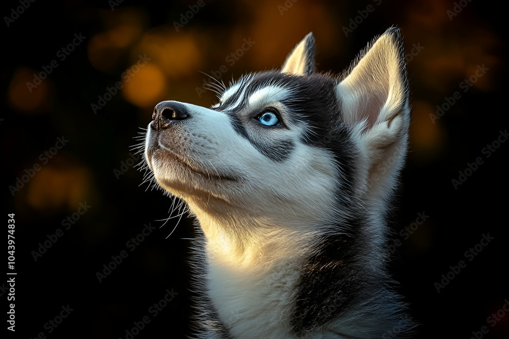 Obraz premium A majestic husky puppy gazes upward, showcasing its striking blue eyes and sleek fur against a softly illuminated background.