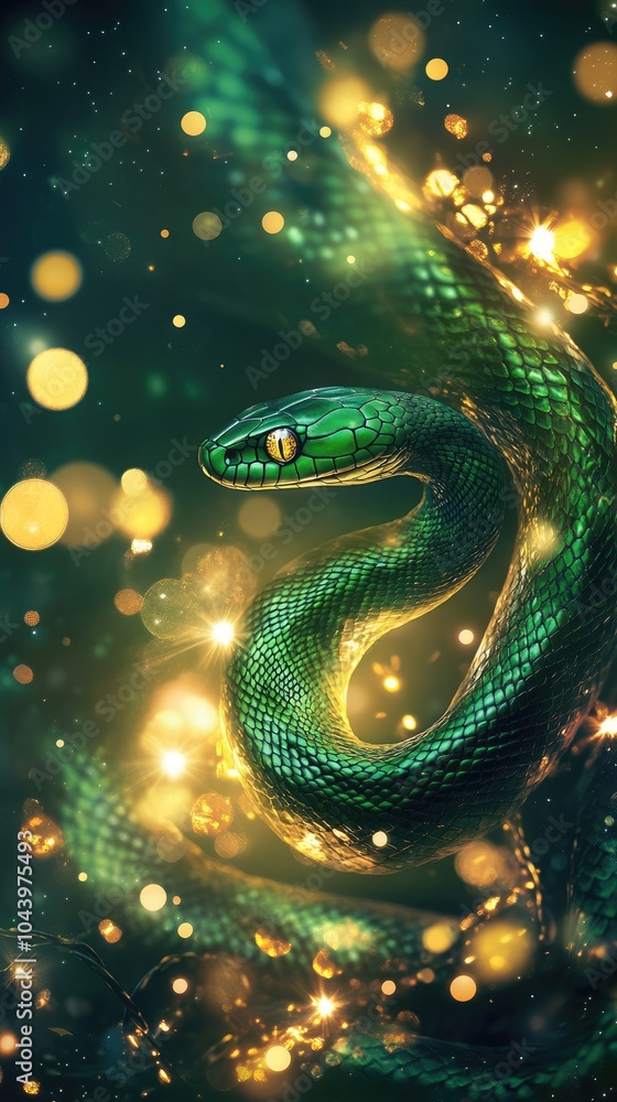 Green snake resting on an illuminated christmas tree branch, symbol of 2025 according to the Chinese calendar lunar new year Green snake resting on an illuminated christmas tree branch, symbol of 2025 according to the Chinese calendar lunar new year