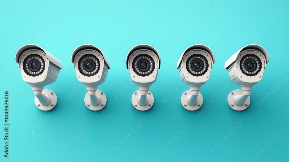 Five security cameras arranged in a row against a blue background, symbolizing surveillance and safety. Five security cameras arranged in a row against a blue background, symbolizing surveillance and safety.