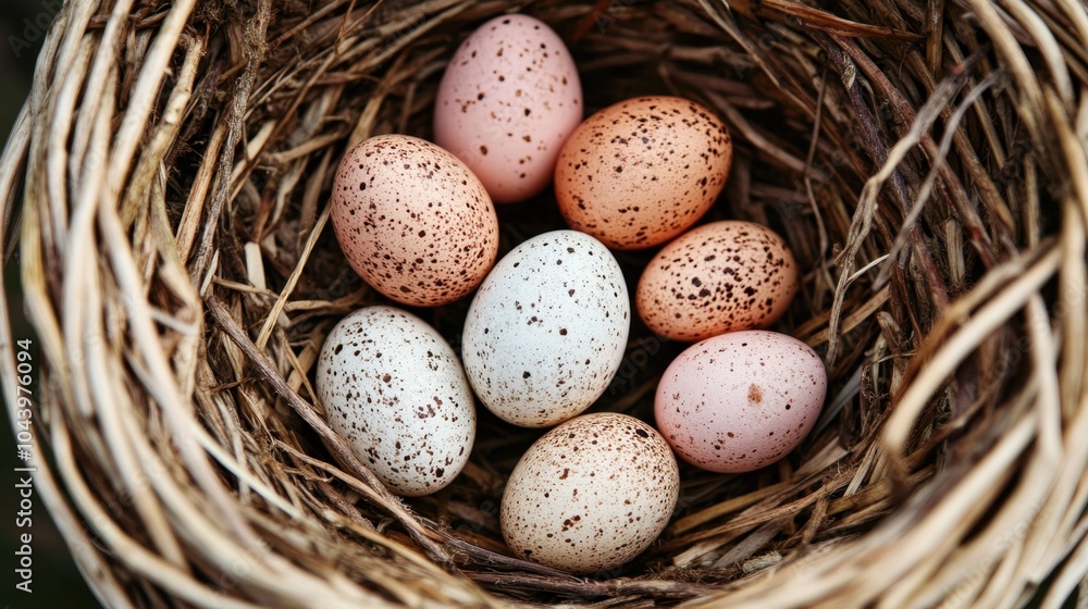Eggs nestled together in a natural woven basket, each one perfectly shaped and slightly speckled. Eggs nestled together in a natural woven basket, each one perfectly shaped and slightly speckled.