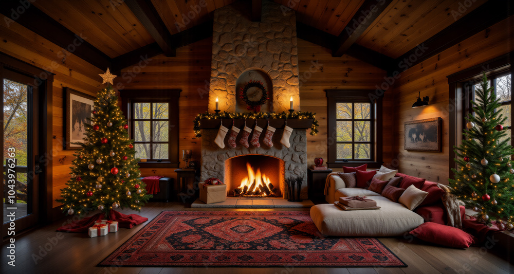 Fototapeta premium Rustic Farmhouse Christmas Decor with Cozy Fireplace Leather Armchairs and Stockings for Santa Gifts