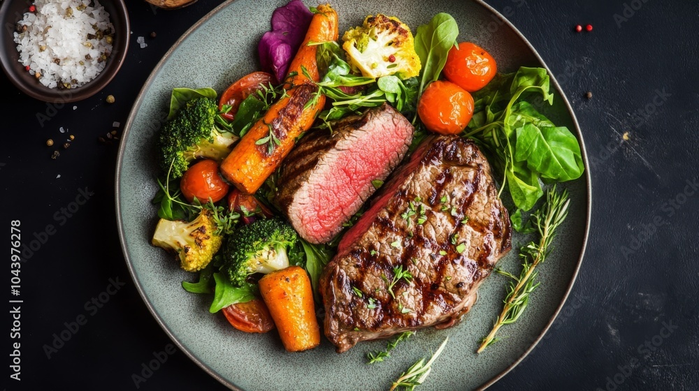 Grilled Steak with Colorful Fresh Vegetables Arrangement Grilled Steak with Colorful Fresh Vegetables Arrangement