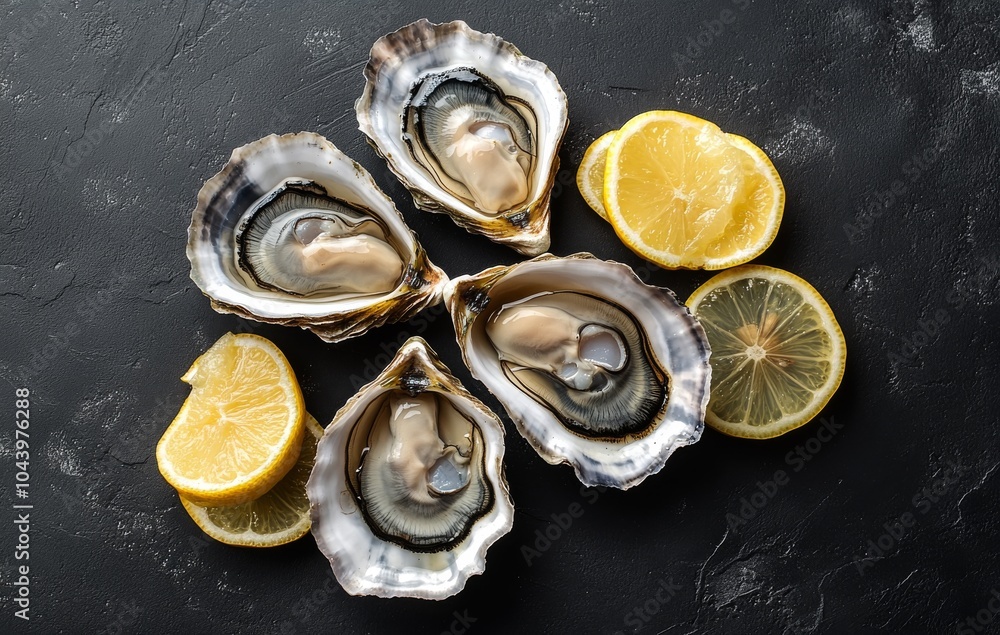 Fresh oysters on the half shell served with lemon slices on a dark background Fresh oysters on the half shell served with lemon slices on a dark background