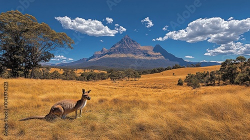 Scenic landscape featuring a kangaroo and mountains.