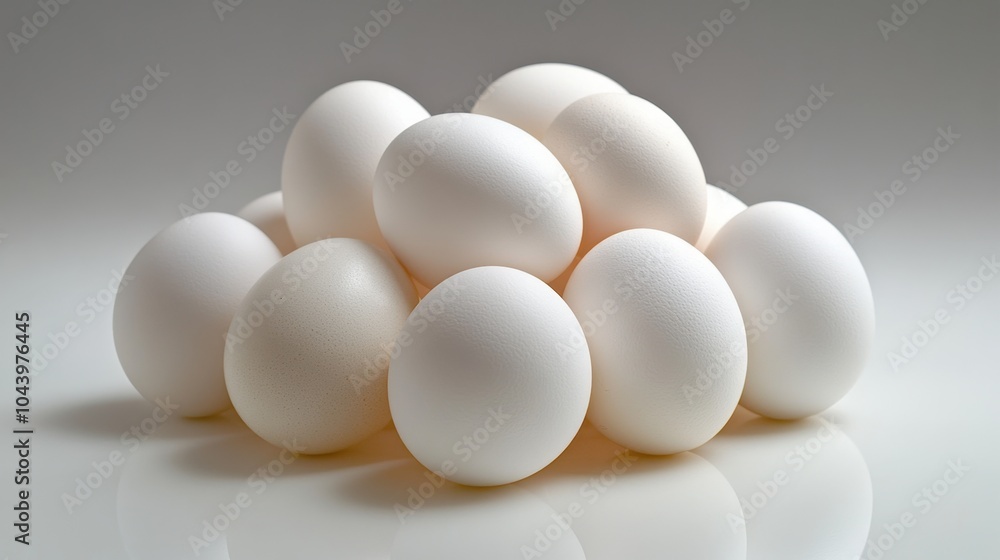 Fresh chicken eggs arranged artfully on a clean white surface, each shell reflecting soft light. Fresh chicken eggs arranged artfully on a clean white surface, each shell reflecting soft light.