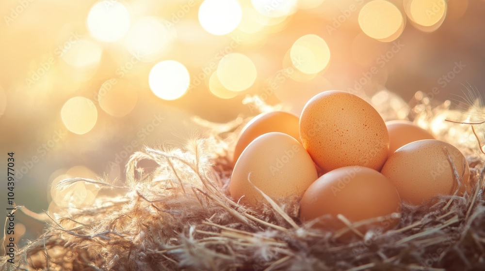 Freshly laid eggs nestled among chicken feathers in a cozy, sunlit nest Freshly laid eggs nestled among chicken feathers in a cozy, sunlit nest