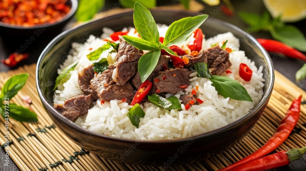 Delicious Beef with Rice and Fresh Herbs in Bowl Delicious Beef with Rice and Fresh Herbs in Bowl