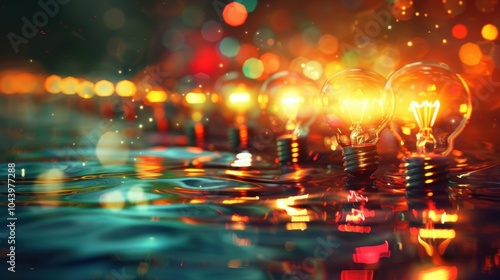 Flowing River of Innovation: Illuminated Light Bulbs and Graphs Symbolizing Business Growth