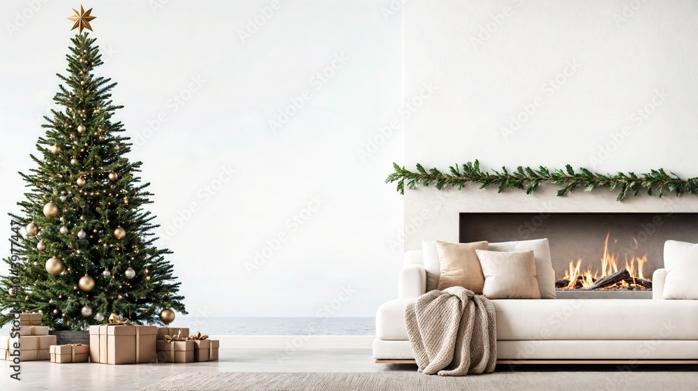 Minimalist Christmas living room with a decorated tree, gifts, and cozy fireplace