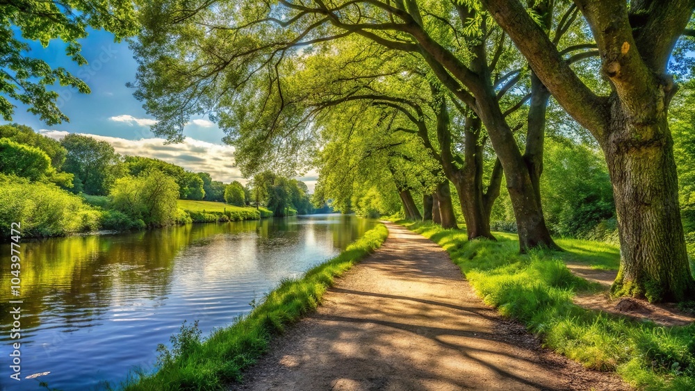Scenic footpath along river bank near trees Scenic footpath along river bank near trees