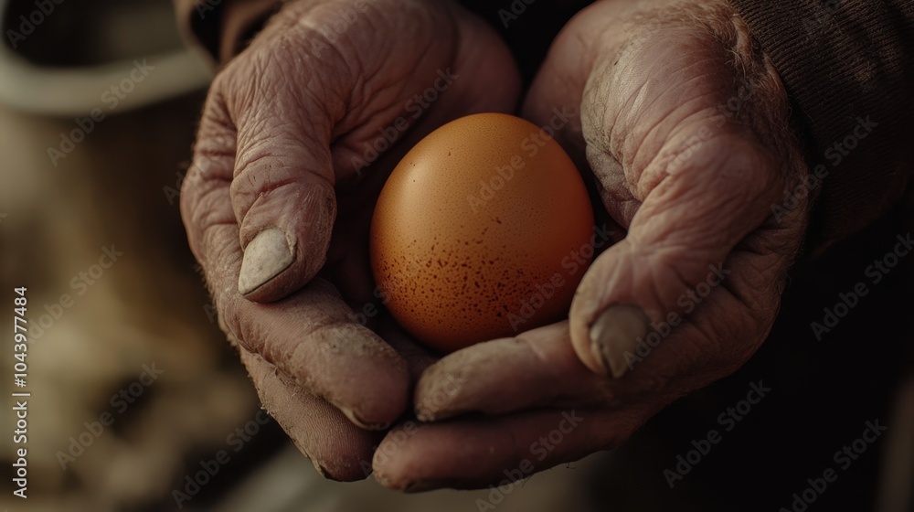 Hands gently holding a chicken egg, with the texture and natural imperfections of the shell clearly visible. Hands gently holding a chicken egg, with the texture and natural imperfections of the shell clearly visible.