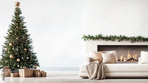 Obraz na płótnie Minimalist Christmas living room with a decorated tree, gifts, and cozy fireplace
w salonie