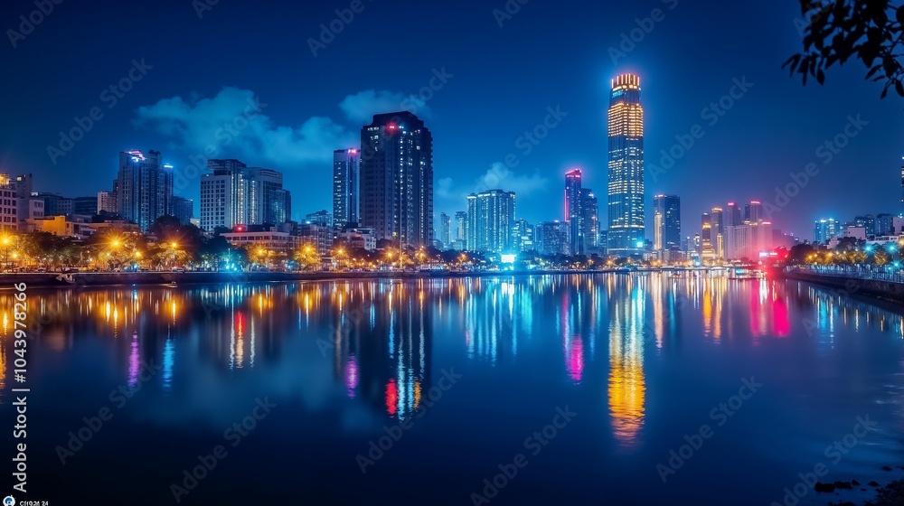 A city skyline is reflected in a tranquil body of water at night A city skyline is reflected in a tranquil body of water at night