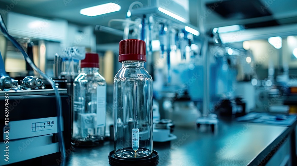 A close-up view of laboratory equipment, featuring glass bottles with red caps, set against a clinical, modern lab background. A close-up view of laboratory equipment, featuring glass bottles with red caps, set against a clinical, modern lab background.