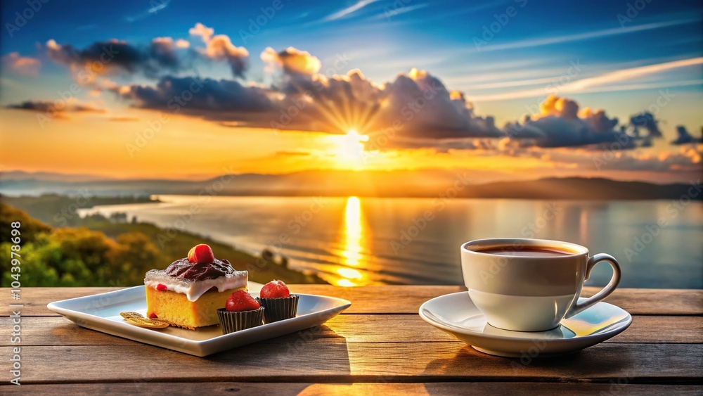 Coffee and dessert on table with sunset view Coffee and dessert on table with sunset view
