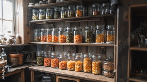 Wallpaper Mural Multiple glass jars filled with pickled vegetables, arranged neatly on a wooden shelf in a rustic kitchen. Torontodigital.ca
