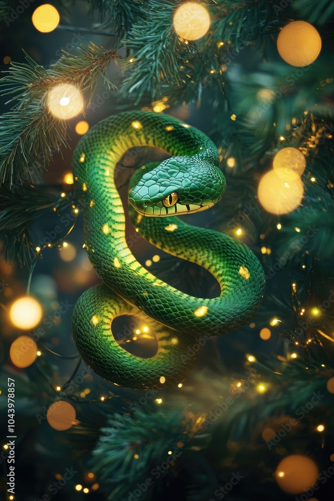 Green snake resting on an illuminated christmas tree branch, symbol of 2025 according to the Chinese calendar lunar new year Green snake resting on an illuminated christmas tree branch, symbol of 2025 according to the Chinese calendar lunar new year