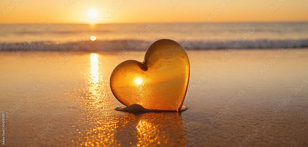 Fototapeta premium A glass heart glimmers on wet sand as the sun sets on the horizon, casting a warm glow while gentle waves lap at the shore, evoking a sense of romance and tranquility