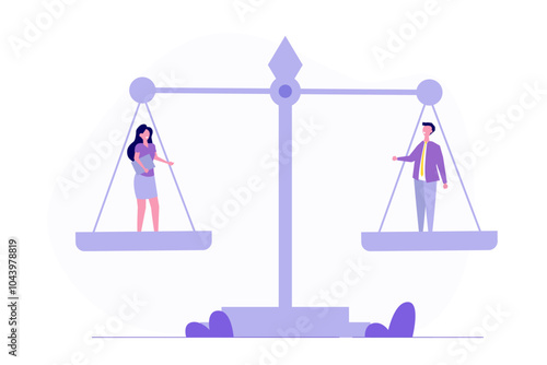 Gender equality, Equal pay and opportunity  isometric concept with man and woman on scale. Vector Illustration.