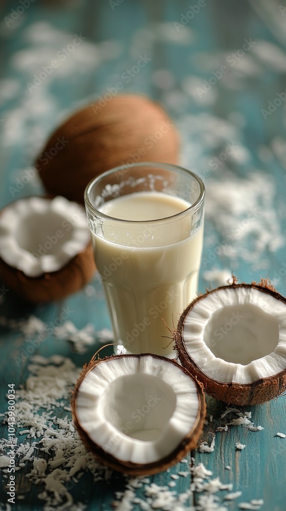 Fresh coconut water served in a glass beside whole coconuts on a sunlit table Fresh coconut water served in a glass beside whole coconuts on a sunlit table