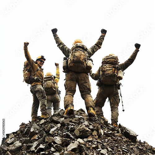 Military team celebrating victory on mountain top.