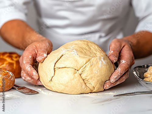 Baker's hands holding a risen dough ball.